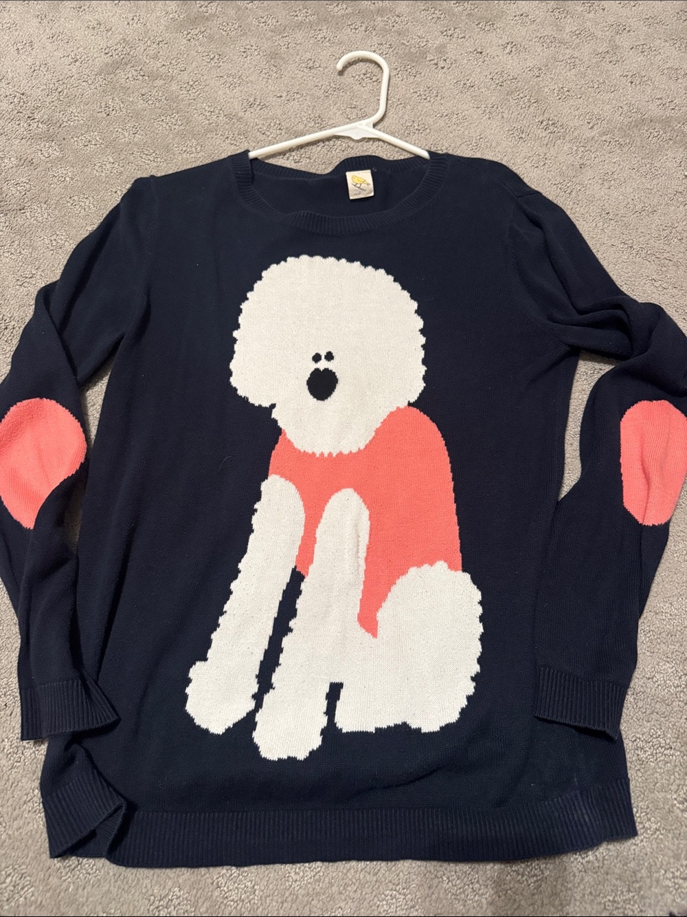 Anthropologie Navy Sweater with White Dog and Coral Accents